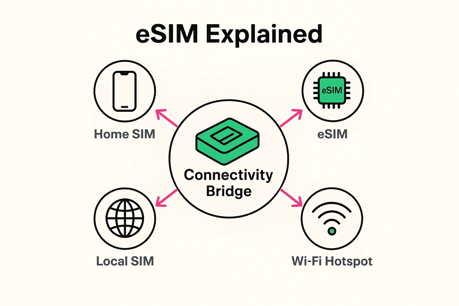 This visual explains the eSIM concept using a library card analogy, connecting different SIM options for senior travelers' easy comprehension.