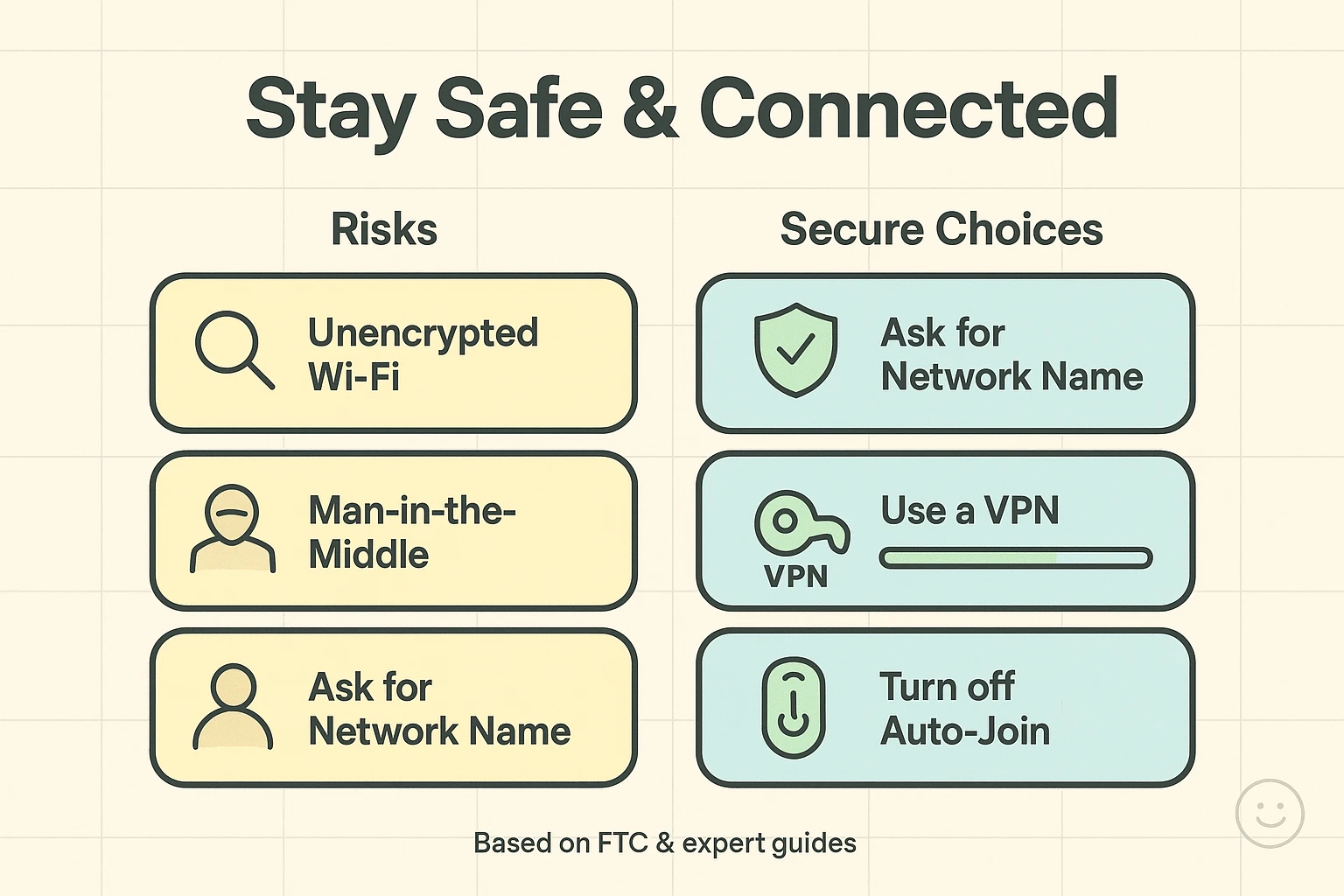 Side-by-side comparison of public Wi‑Fi risks and simple, secure actions—clear steps seniors can use to reduce exposure and regain confidence when traveling.