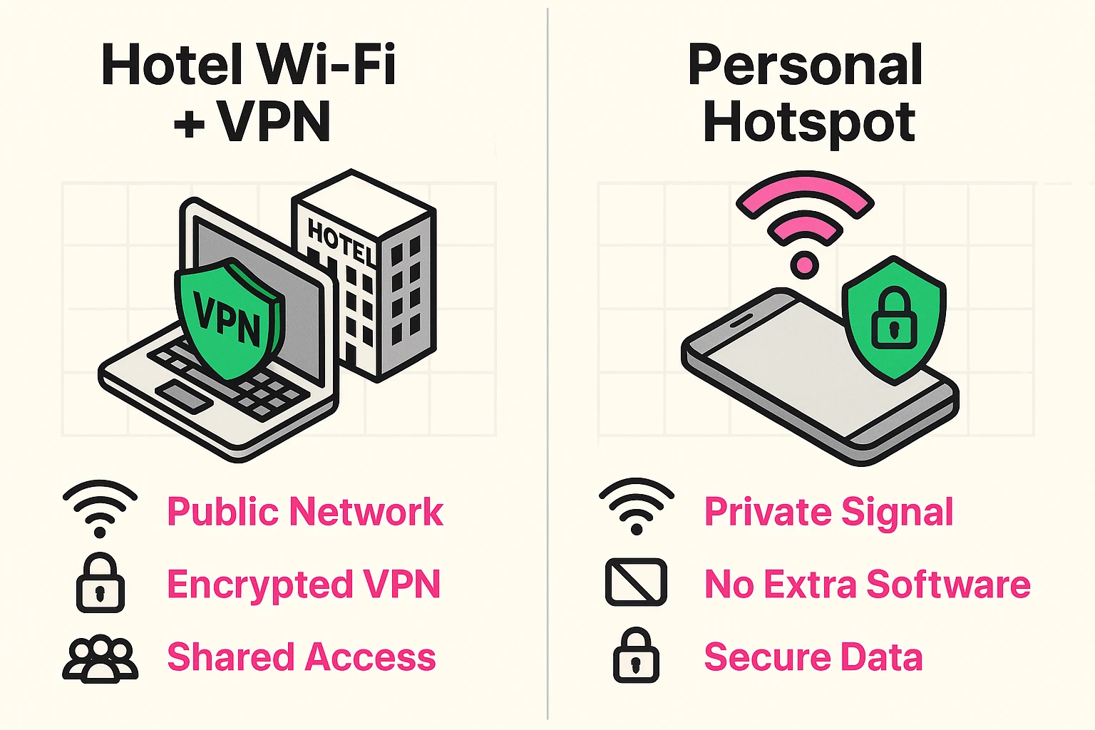 This comparison helps seniors understand the safer option between hotel Wi-Fi with VPN protection and using a personal mobile Hotspot for secure connectivity while traveling.