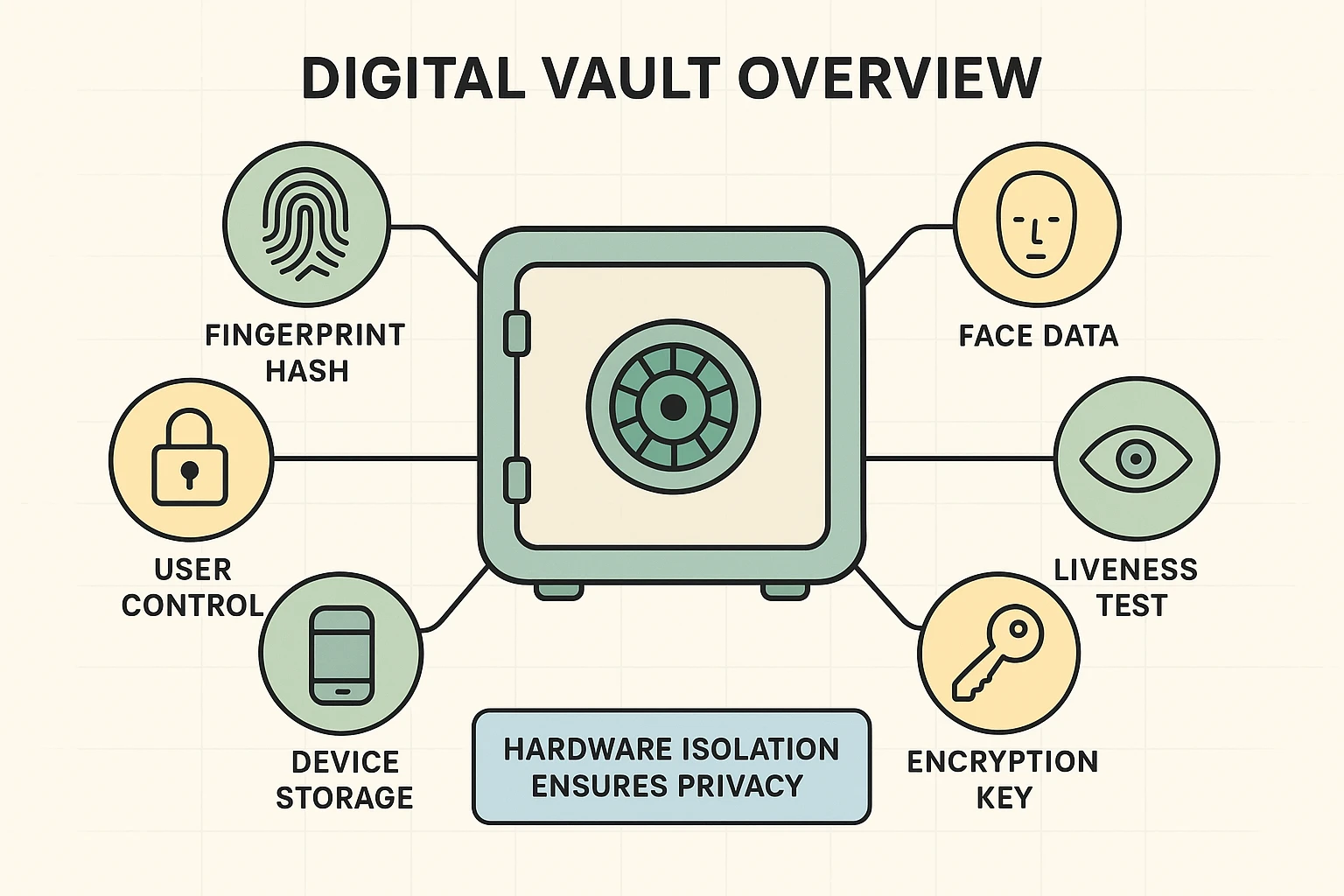 Depicts the Secure Enclave as a digital vault protecting biometric hashes and ensuring user data privacy through hardware isolation.