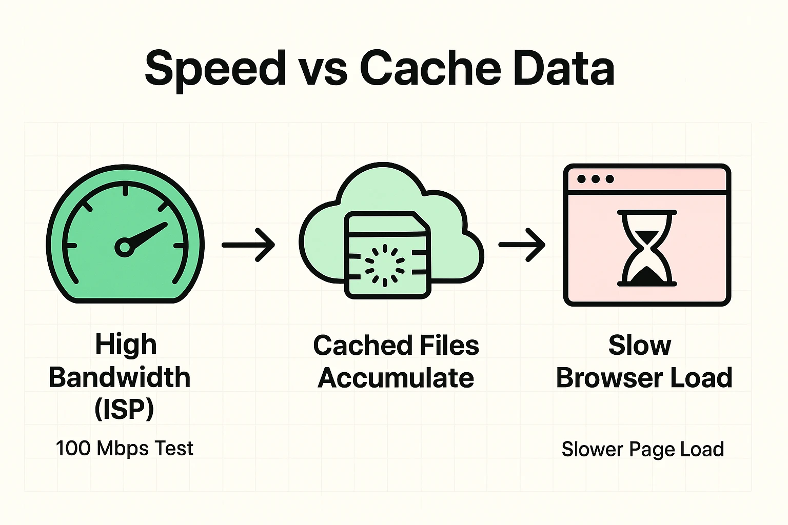 Illustrates why high internet speed doesn't always mean fast browsing, highlighting how accumulated cached data slows down web pages.
