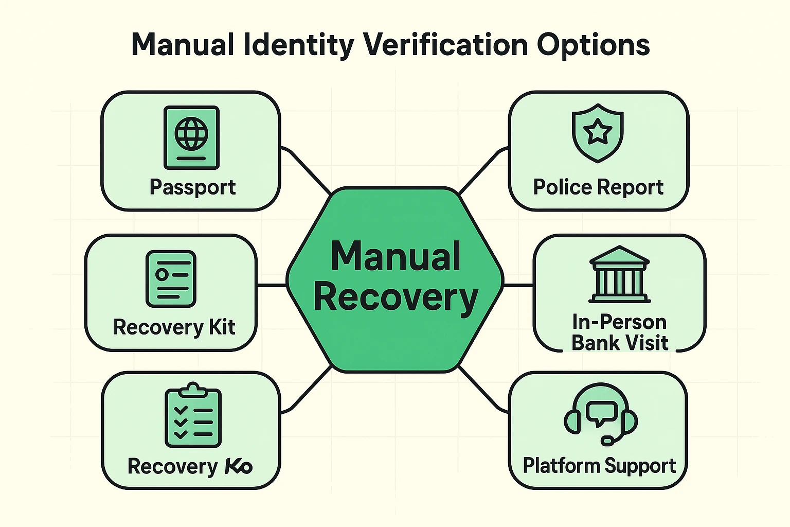 This diagram outlines manual identity verification methods seniors can use when automated MFA recovery fails, focusing on trusted documents and human support.