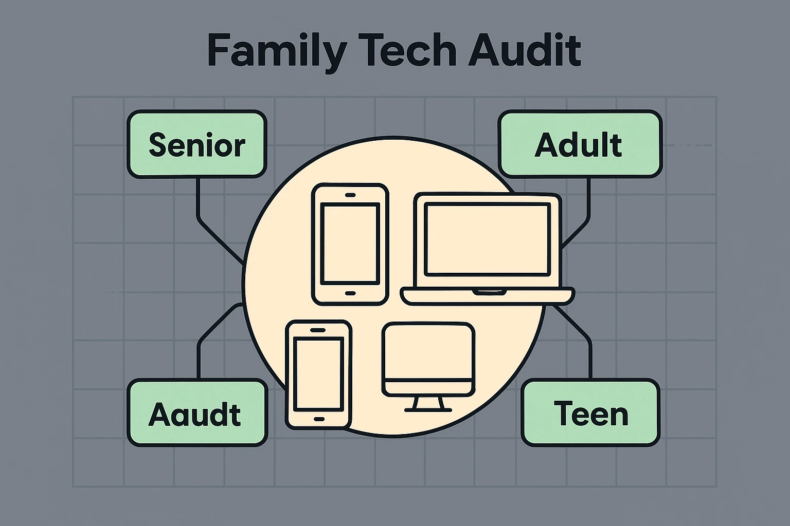 This image visualizes a family tech audit, mapping common devices and user types to clarify the multi-device landscape for online family trivia games.
