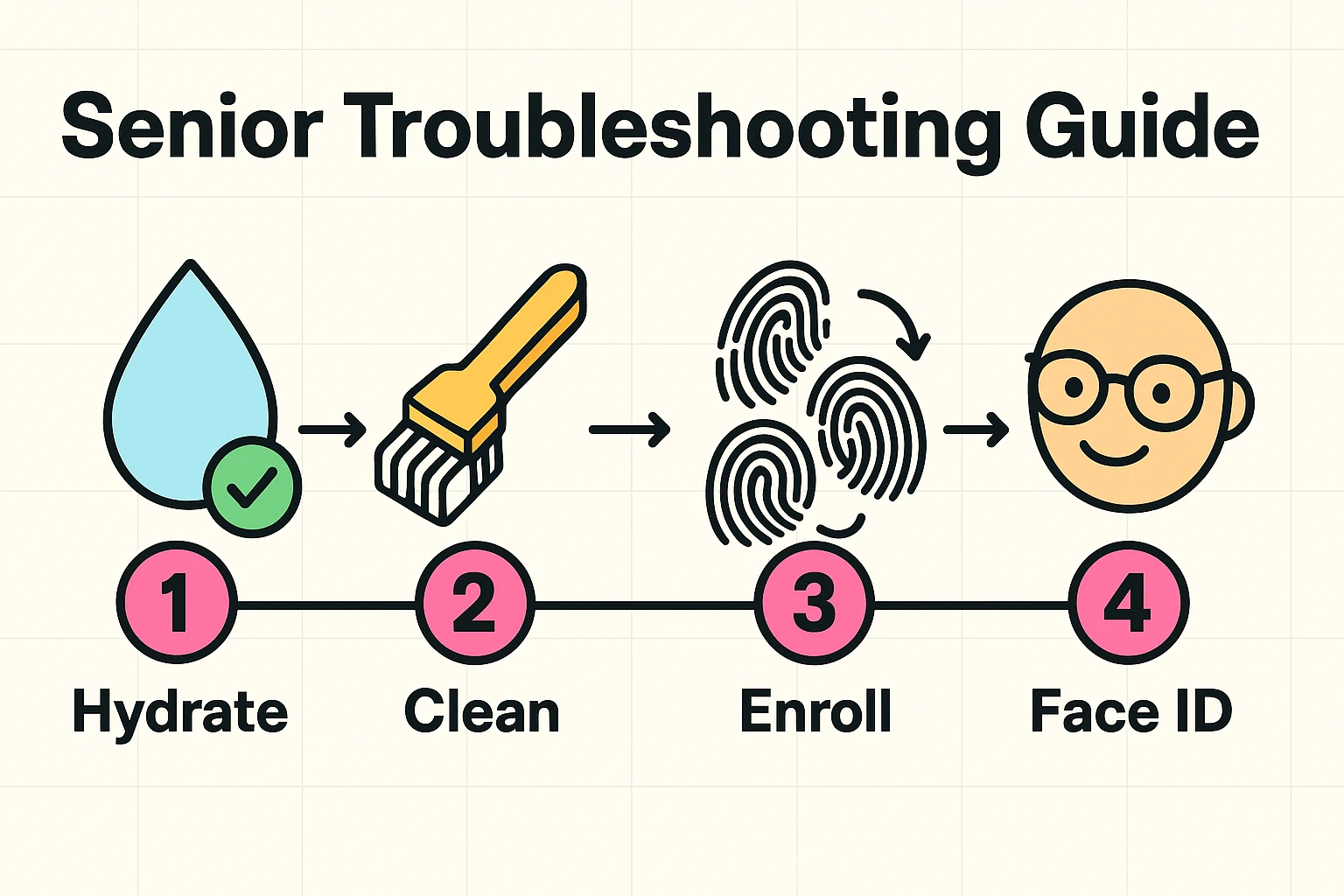 Step-by-step biometric troubleshooting guide tailored for seniors addressing fingerprint issues and alternative Face ID use.