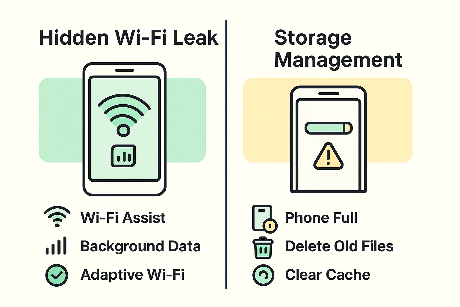 This comparison highlights common hidden causes of mobile data use and the importance of managing storage to maintain offline content integrity for seniors.