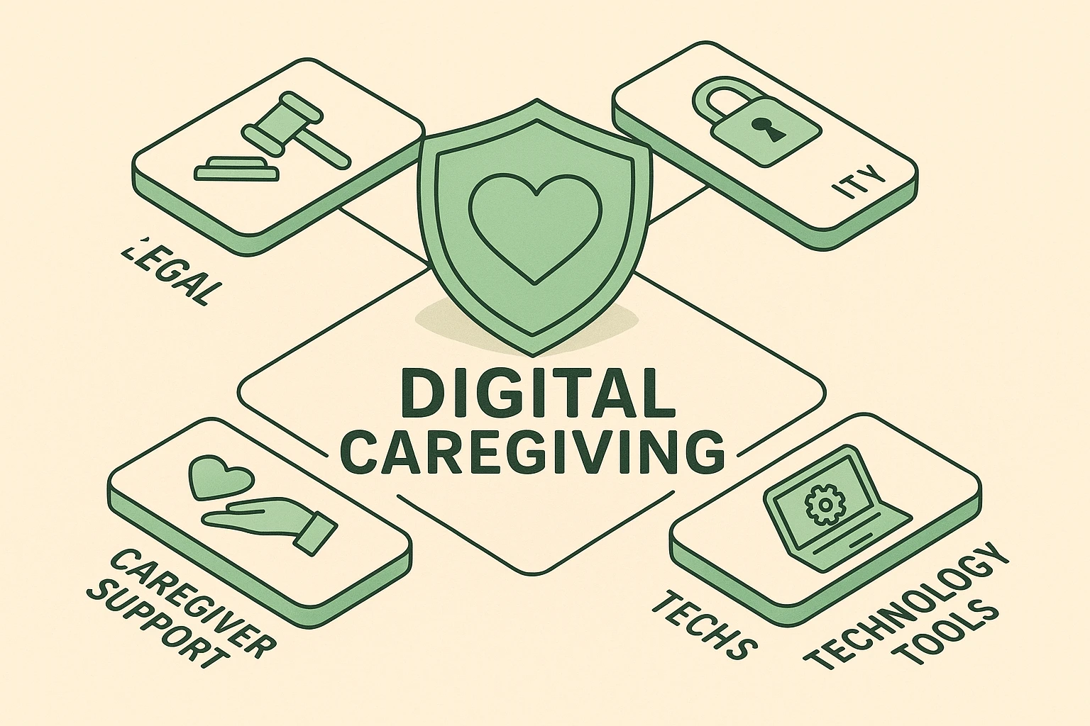 Foundational concept visuals for digital caregiving and secure password management.