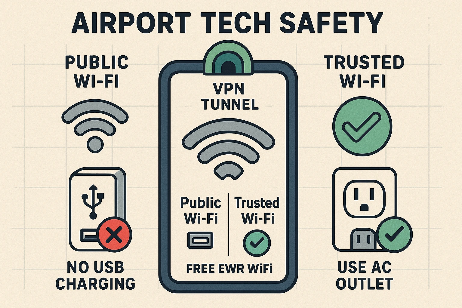 This visual clarifies safe Wi-Fi connection choices, the importance of avoiding USB charging ports, and introduces the VPN as a secure tunnel, simplifying key airport tech safety concepts for seniors.