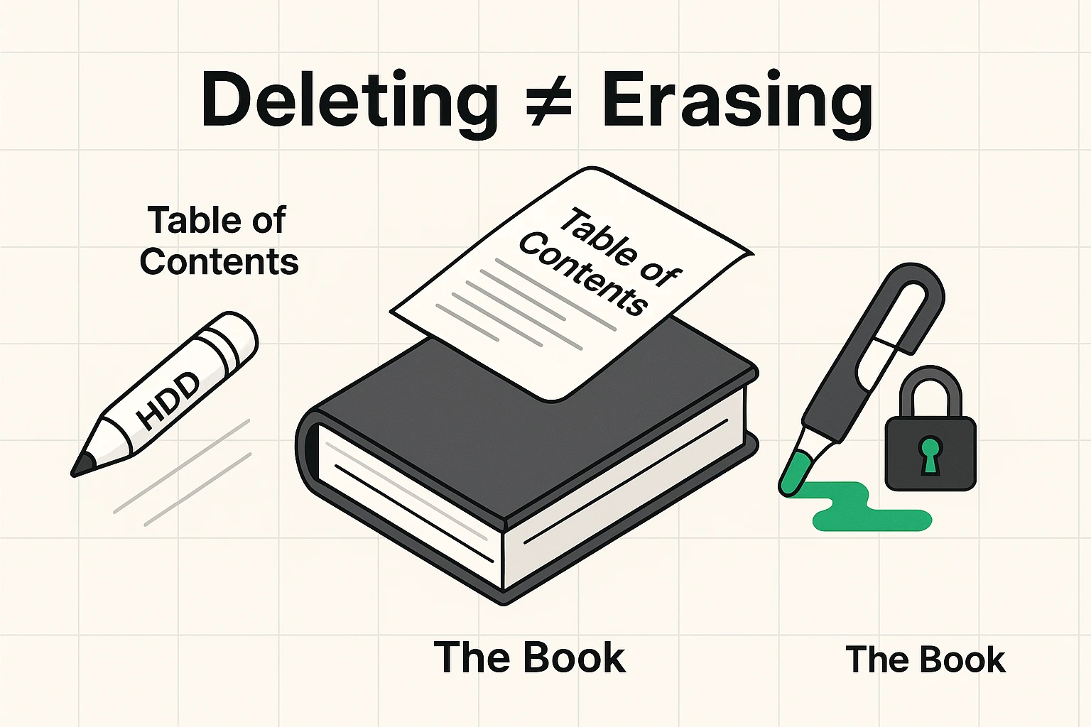 This visual explains why simple file deletion isn’t sufficient to remove data, using a book analogy and comparing hard drives and solid-state drives visually.