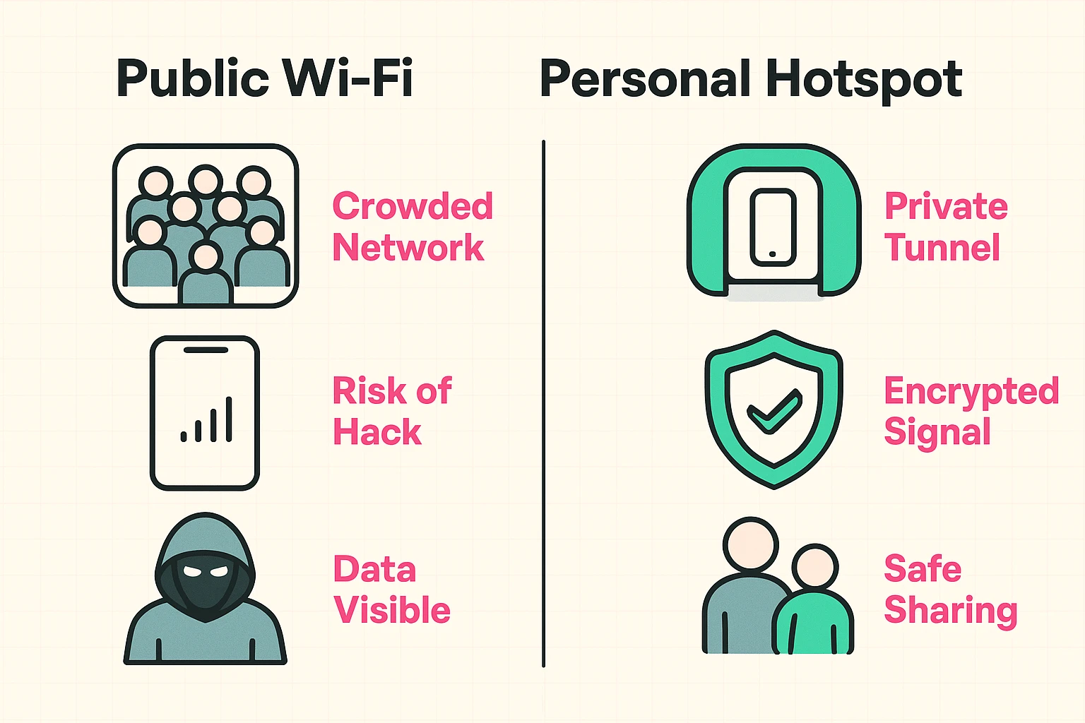 This image compares the risks of public Wi-Fi and the safety of personal hotspots through clear, approachable icons and labels.