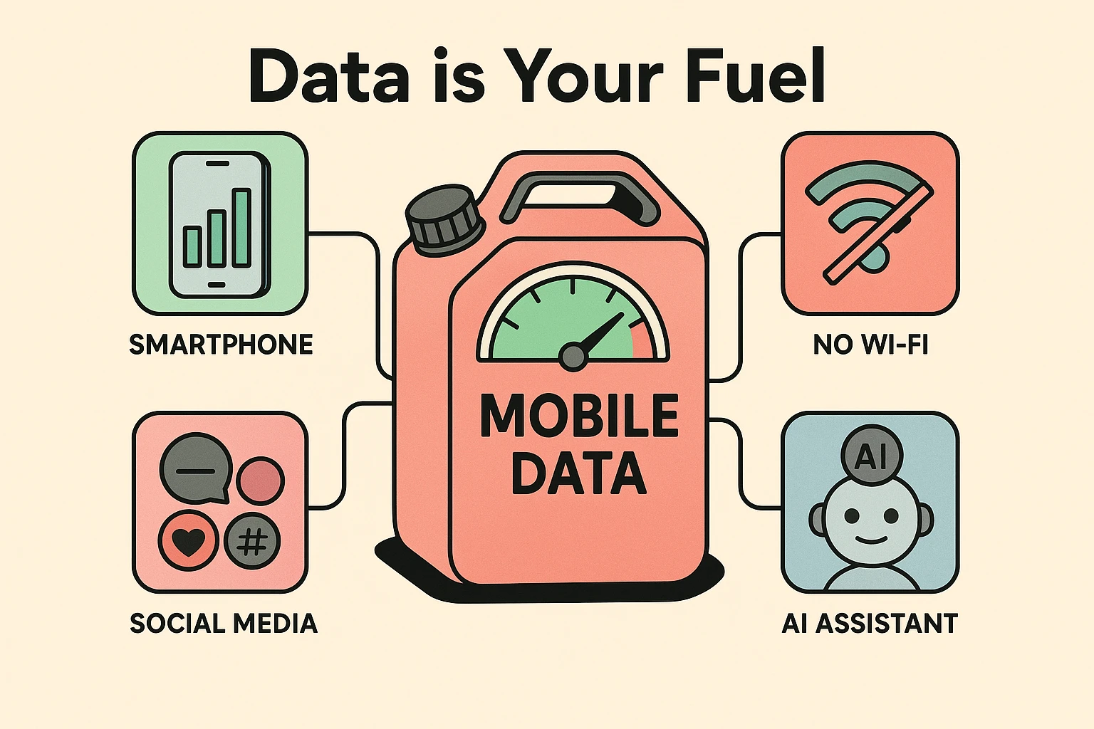 This image visualizes the 'Gas Tank' metaphor, helping seniors understand how different apps silently consume mobile data.