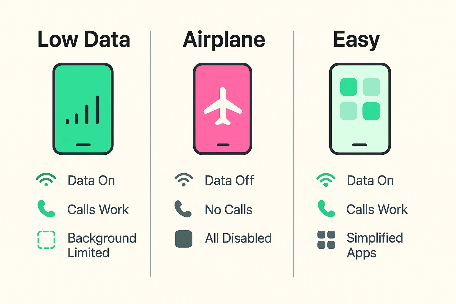 A clear comparison grid disentangles smartphone modes so seniors can easily identify their functions and when to use each effectively.