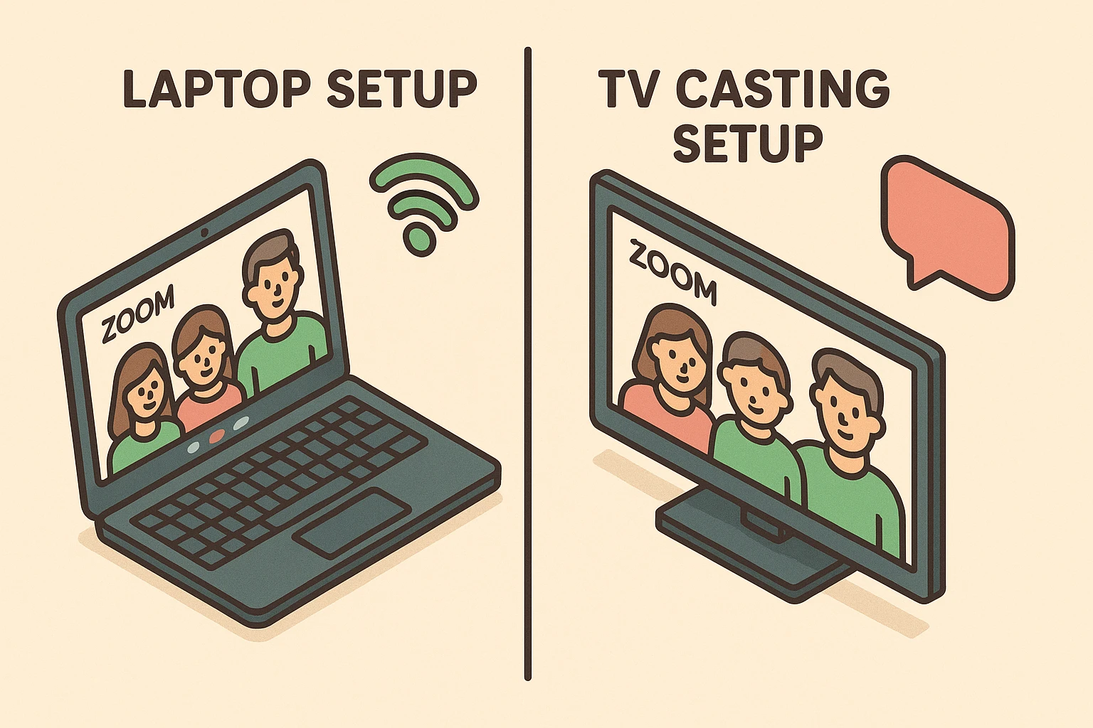 Visual comparison of laptop vs. TV casting setups for zero-latency Zoom game nights.