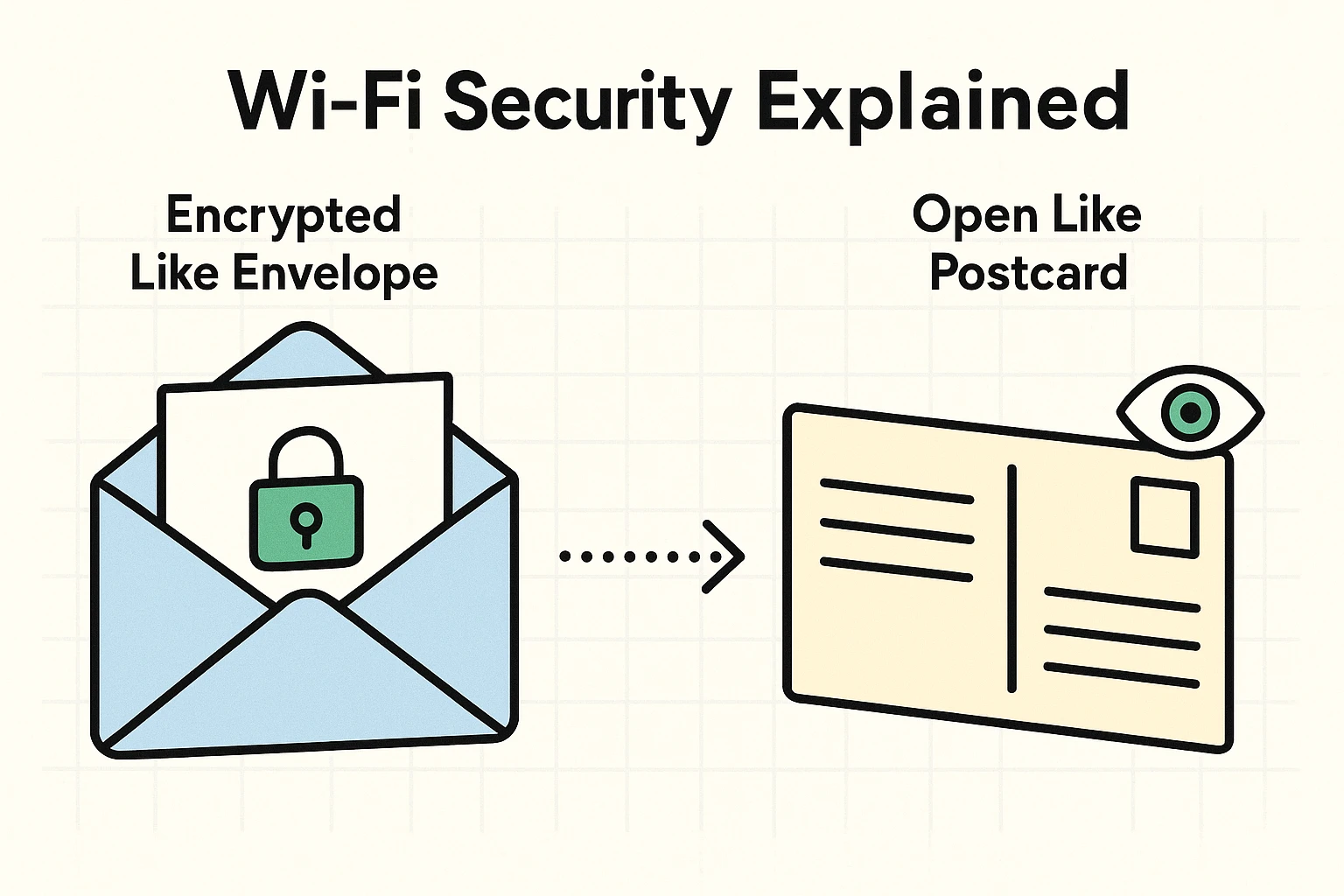 This analogy clarifies how unsecured Wi-Fi exposes data like a postcard, while HTTPS only secures content like an envelope, helping seniors grasp security concepts.