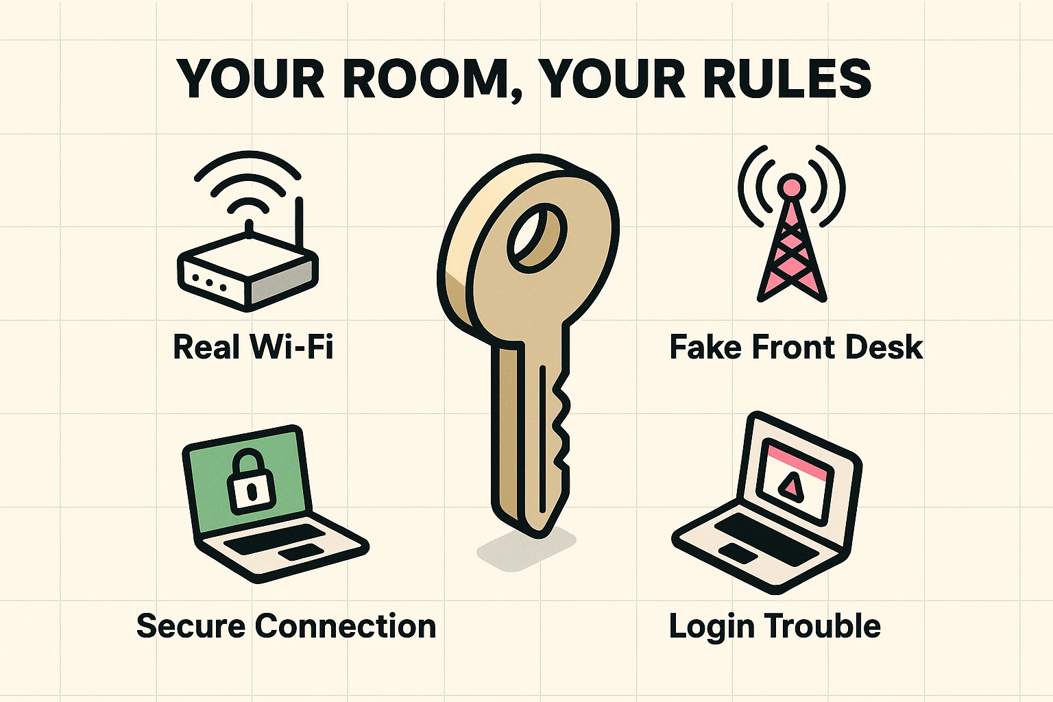 This visual explains the core hotel Wi-Fi security risks using metaphors like 'Your Room, Your Rules' to empower senior travelers against fake networks and login issues.