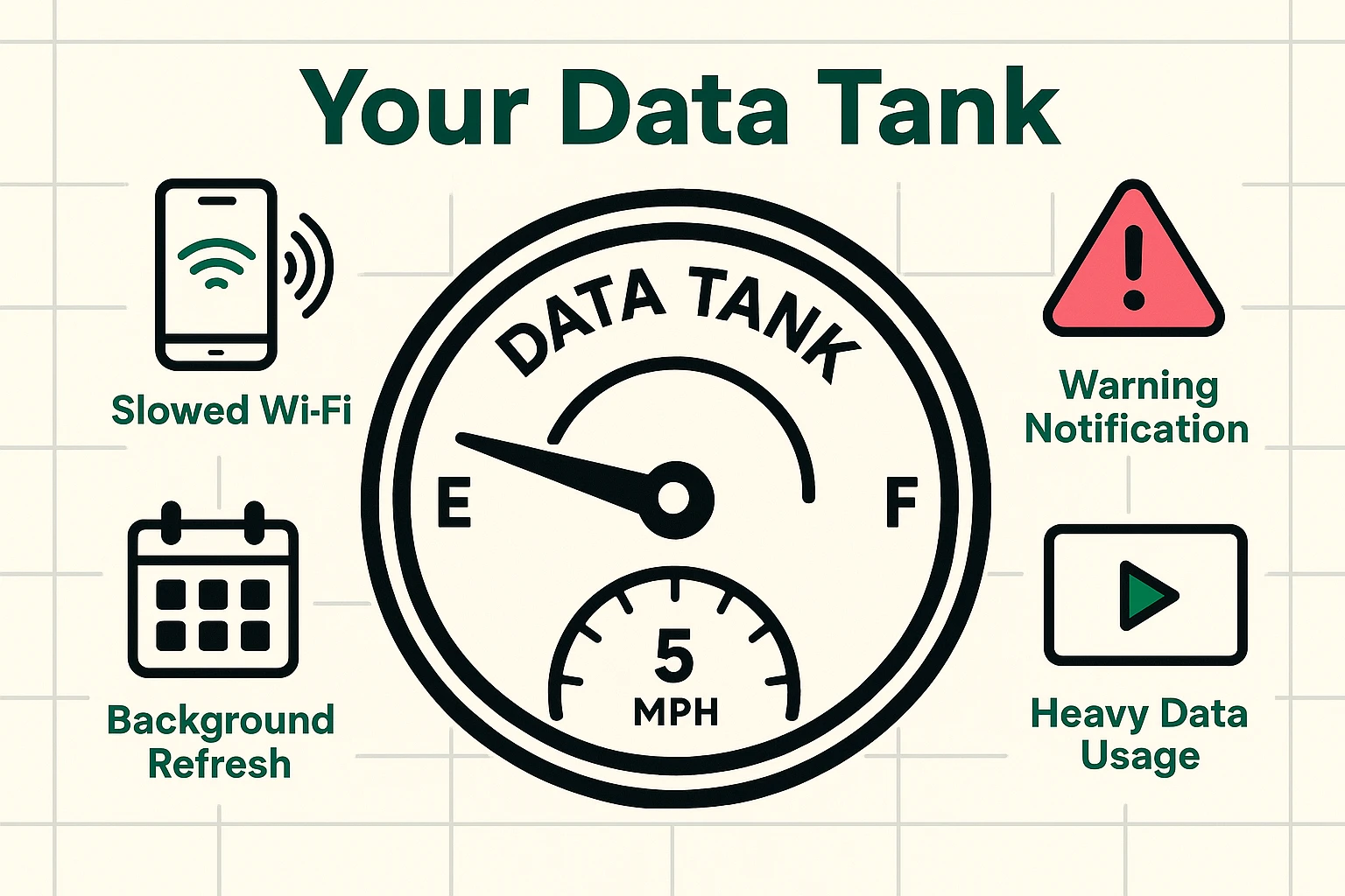 Explains the mobile data depletion metaphor as a fuel tank running empty, with throttling shown as slow speed and key data warning icons.