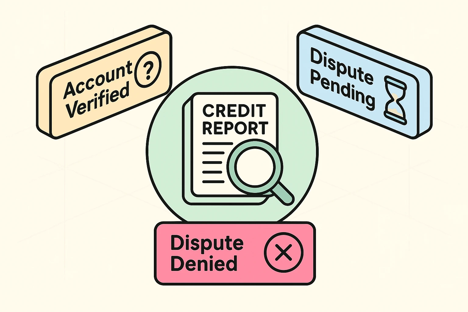 This image translates credit bureau jargon into clear visual concepts, helping seniors understand dispute outcomes and next actions visually.