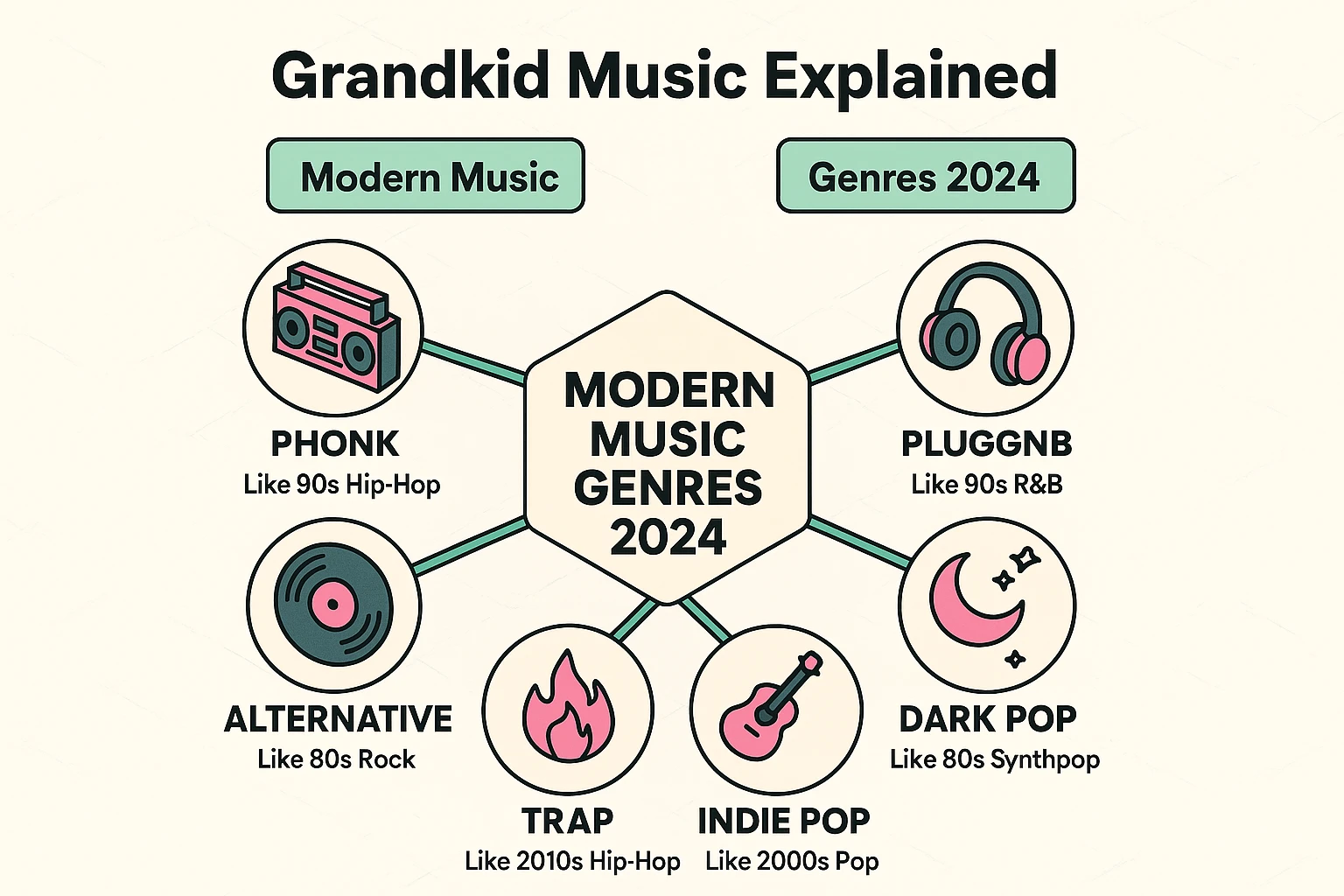 This diagram decodes popular 2024 music genres for grandparents by linking them to relatable past music styles, easing generational understanding.