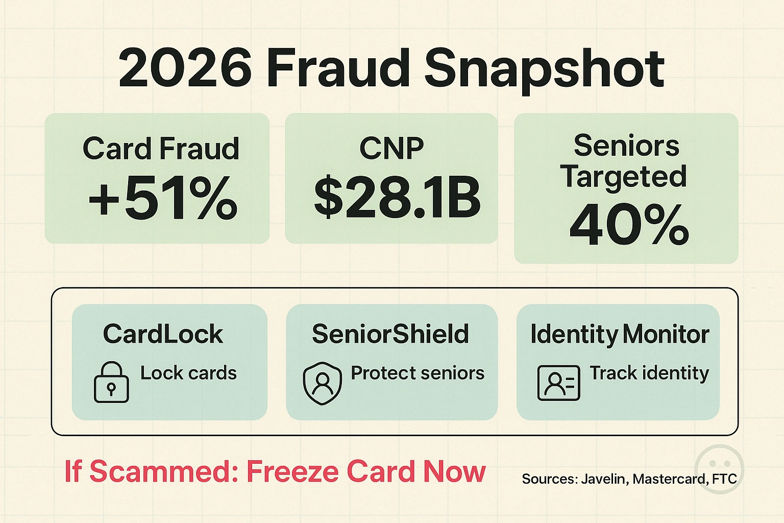 Side-by-side comparison of three credit cards highlighting built-in fraud protections and senior-friendly features to simplify choice.