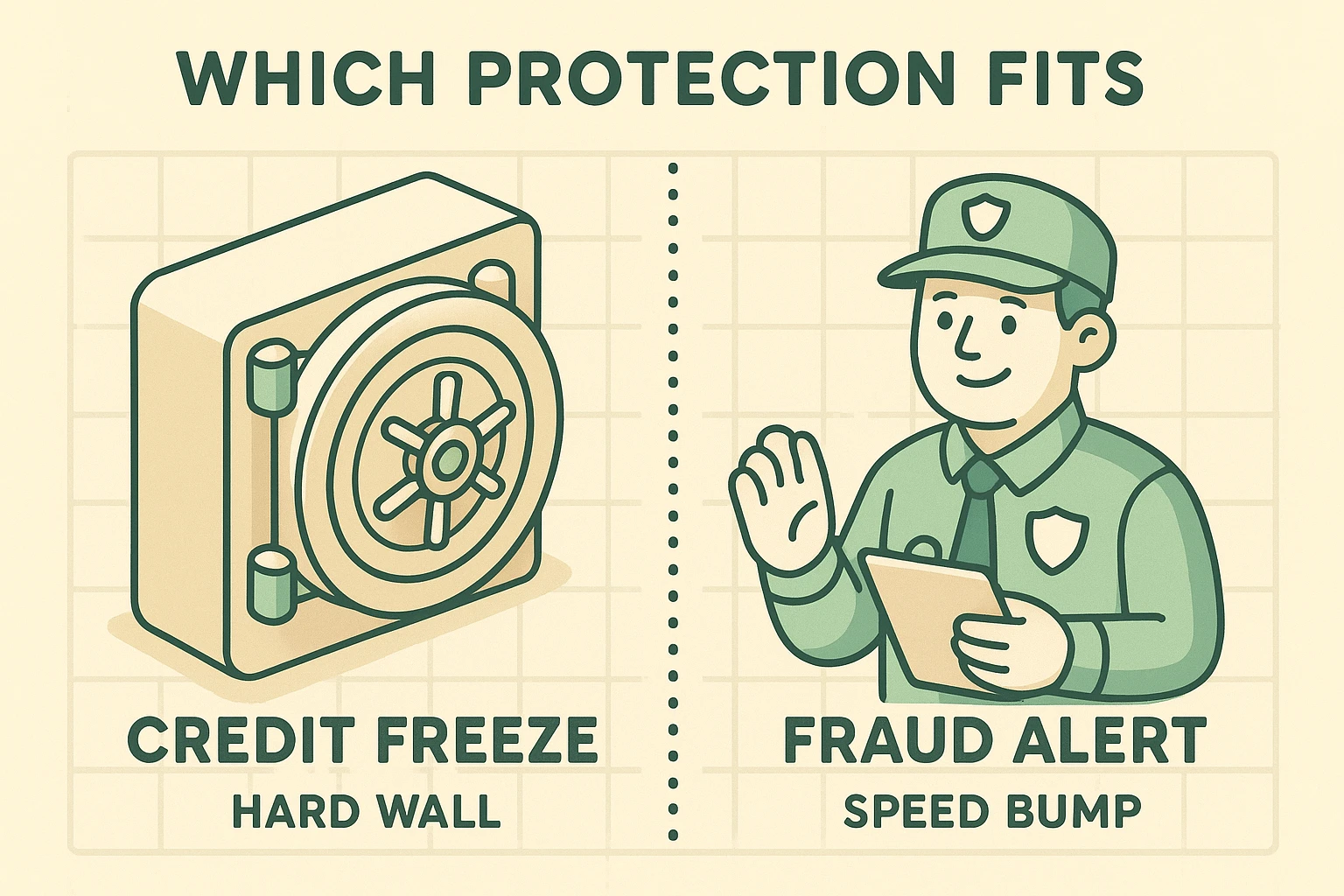 This visual metaphor distinguishes Credit Freeze as a strong vault and Fraud Alert as a security guard to simplify complex credit protection concepts for senior readers.