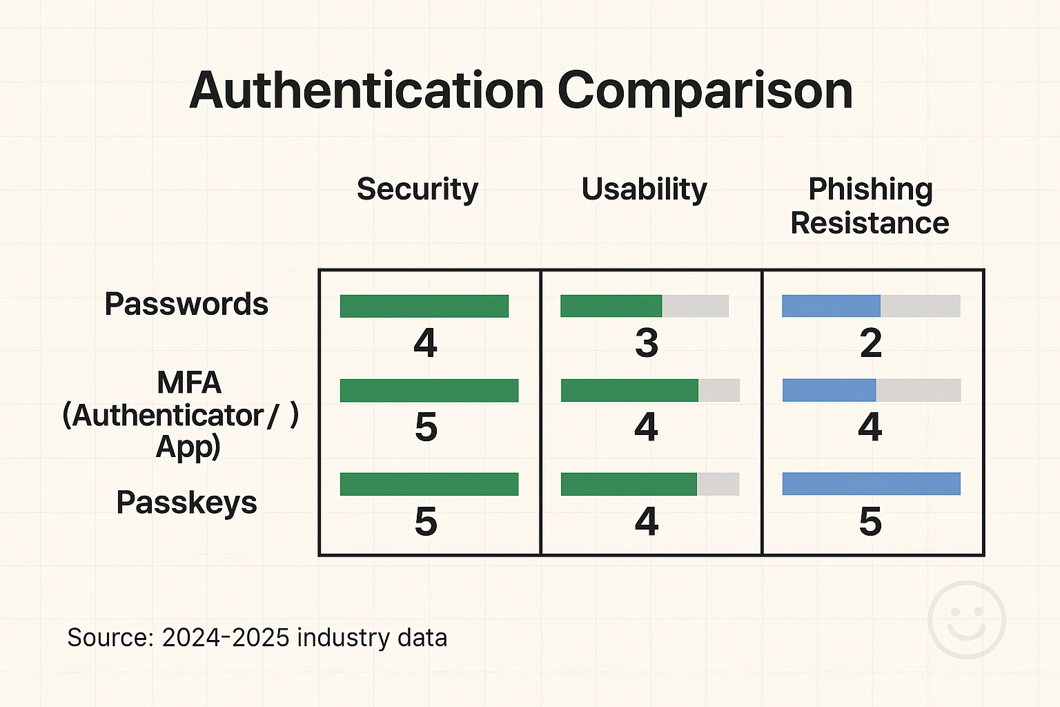 Compare passwords, MFA, and passkeys at a glance with clear ratings for security, usability, and phishing resistance to guide the right authentication choice.