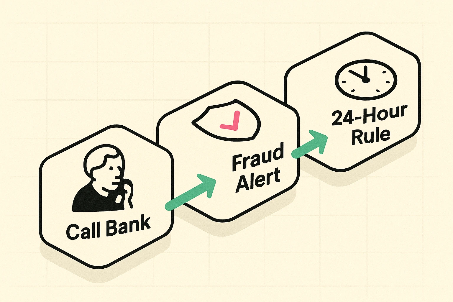 This visual guides seniors through the crucial first 24 hours after an SSN compromise, emphasizing calling banks, placing fraud alerts, and understanding urgent timing with simple icons and flow.