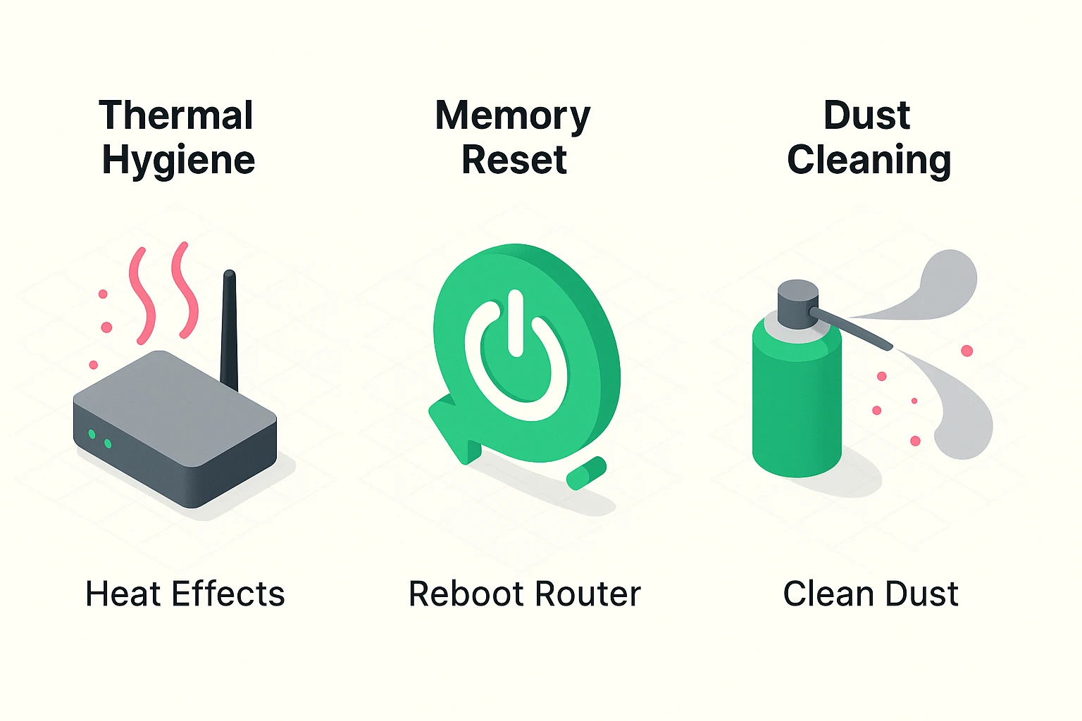Illustrates the step-by-step maintenance process focusing on cooling, rebooting to clear memory, and dust removal to optimize router performance.