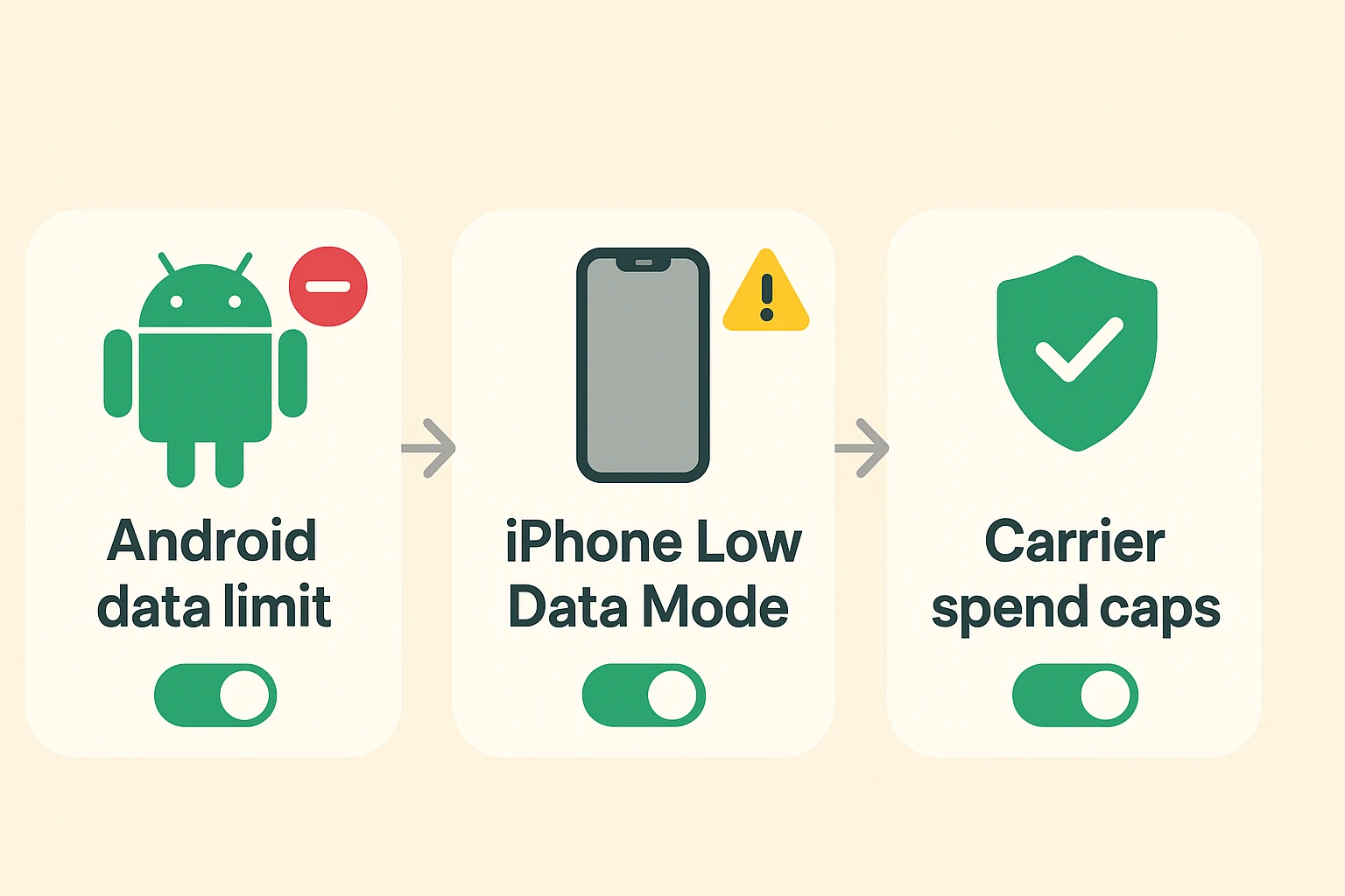 Visualizes the three-step process for setting data warnings and limits on Android and iPhone, and using carrier spend caps for hard stops.