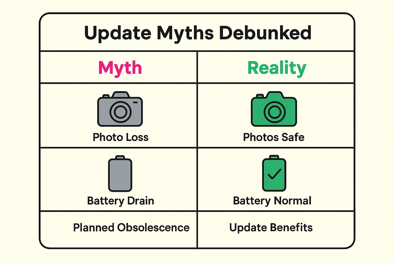 This side-by-side grid clarifies common software update myths versus facts to ease concerns and encourage safe updating.