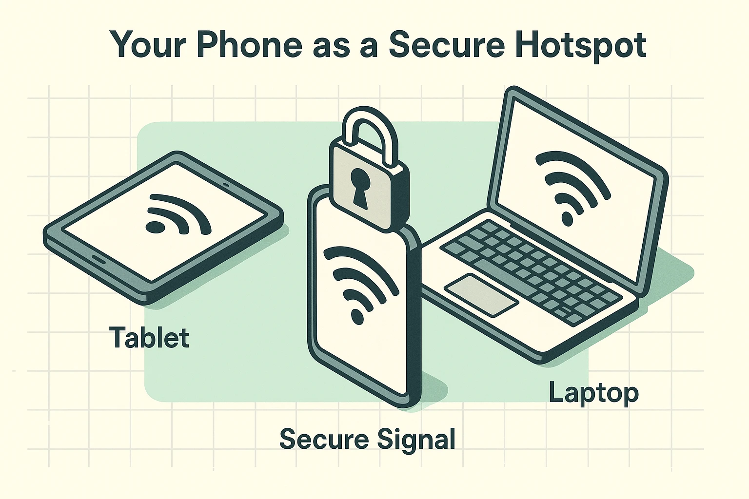 A phone securely sharing internet with nearby devices.
