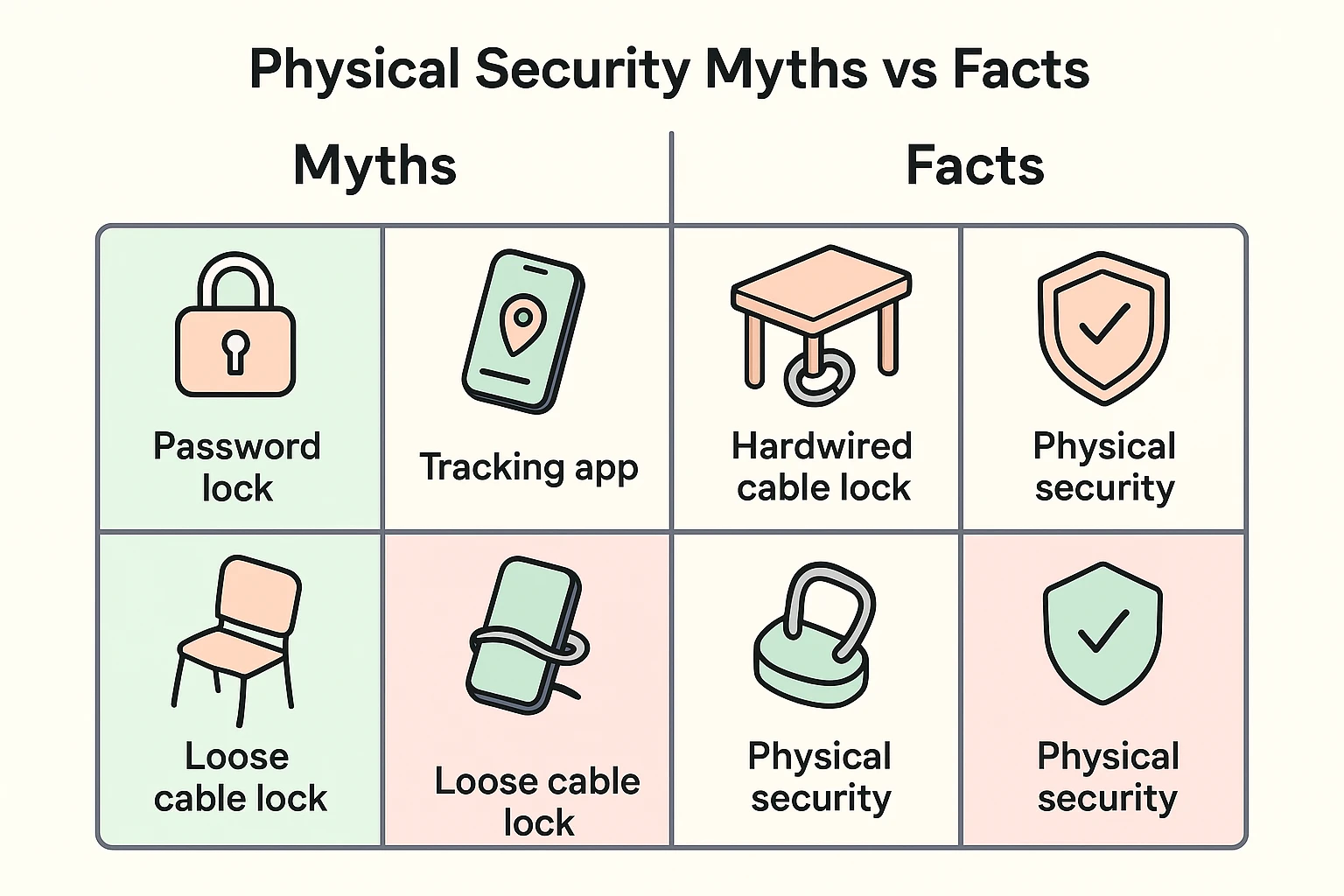 This comparison grid debunks common misconceptions about device security, emphasizing effective physical defenses over reliance on passwords or tracking.