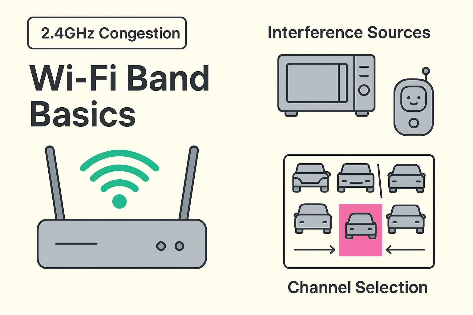 This diagram introduces the Wi-Fi environment basics including band congestion and common interference sources that affect smart home connectivity.