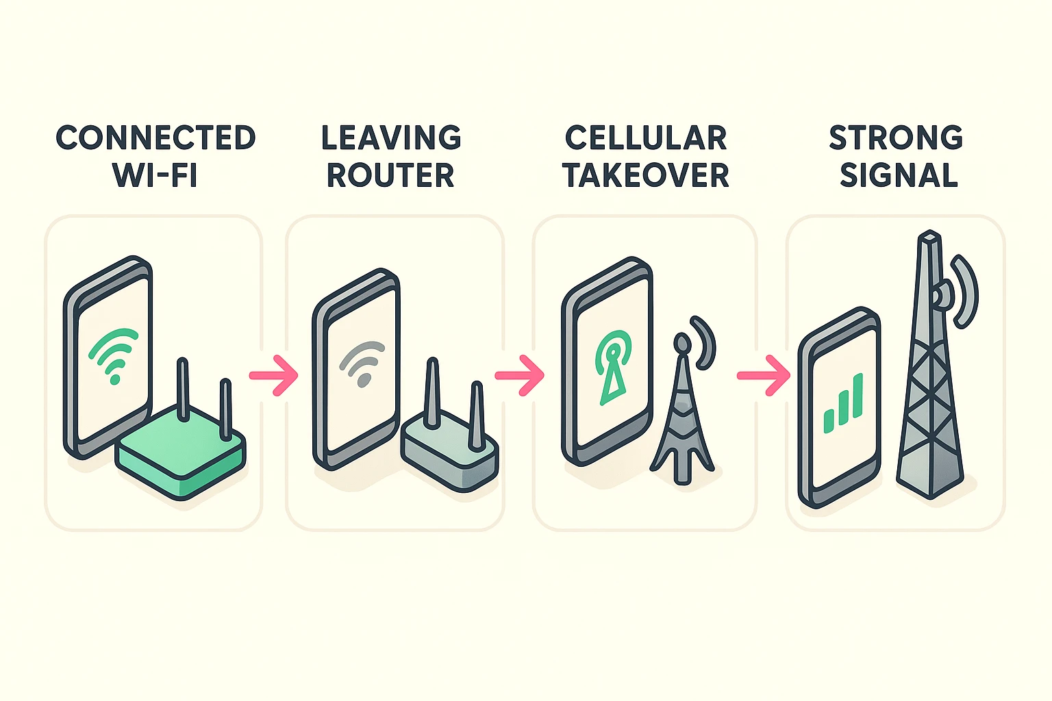 This flowchart illustrates how a call seamlessly switches from Wi-Fi to cellular signal, ensuring uninterrupted connection and call safety.