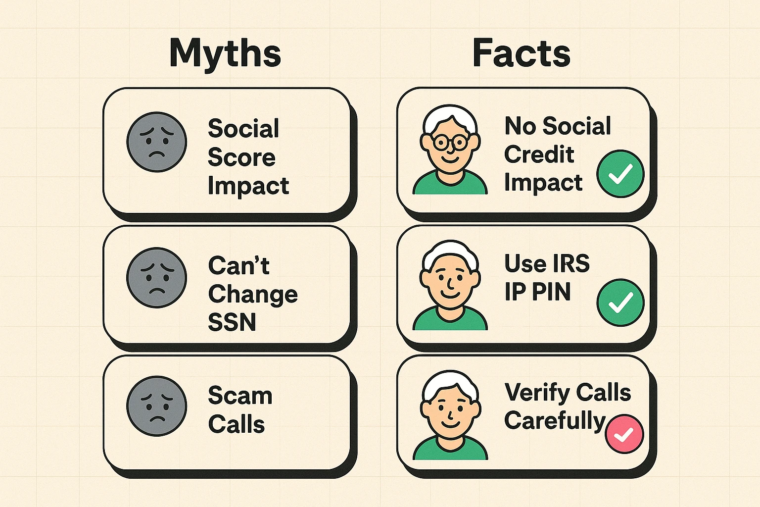 Visualizes common SSN-related misconceptions seniors face versus factual protections and vigilance steps, fostering confidence and clarity.