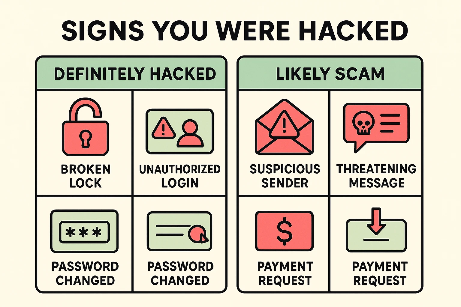 This visual compares signs that an email is hacked versus indicators of scam emails, helping seniors quickly distinguish real threats from false alarms.