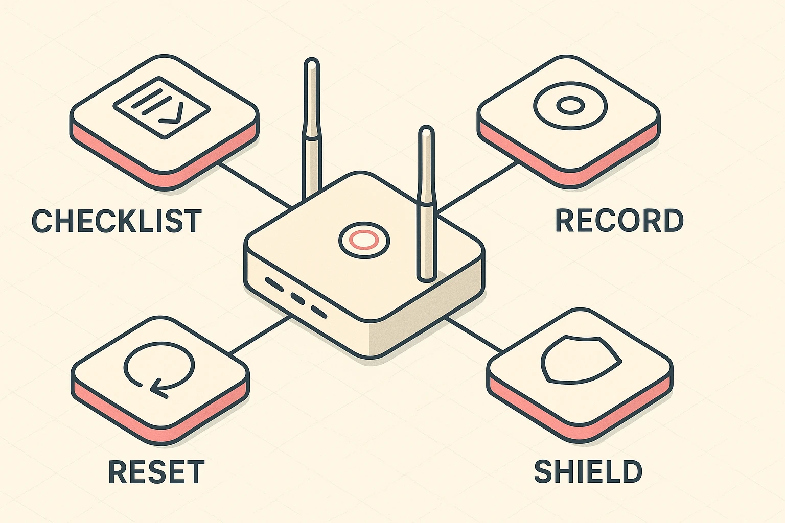 This visualization illustrates key safety net tools and the checklist for securing router passwords and settings.