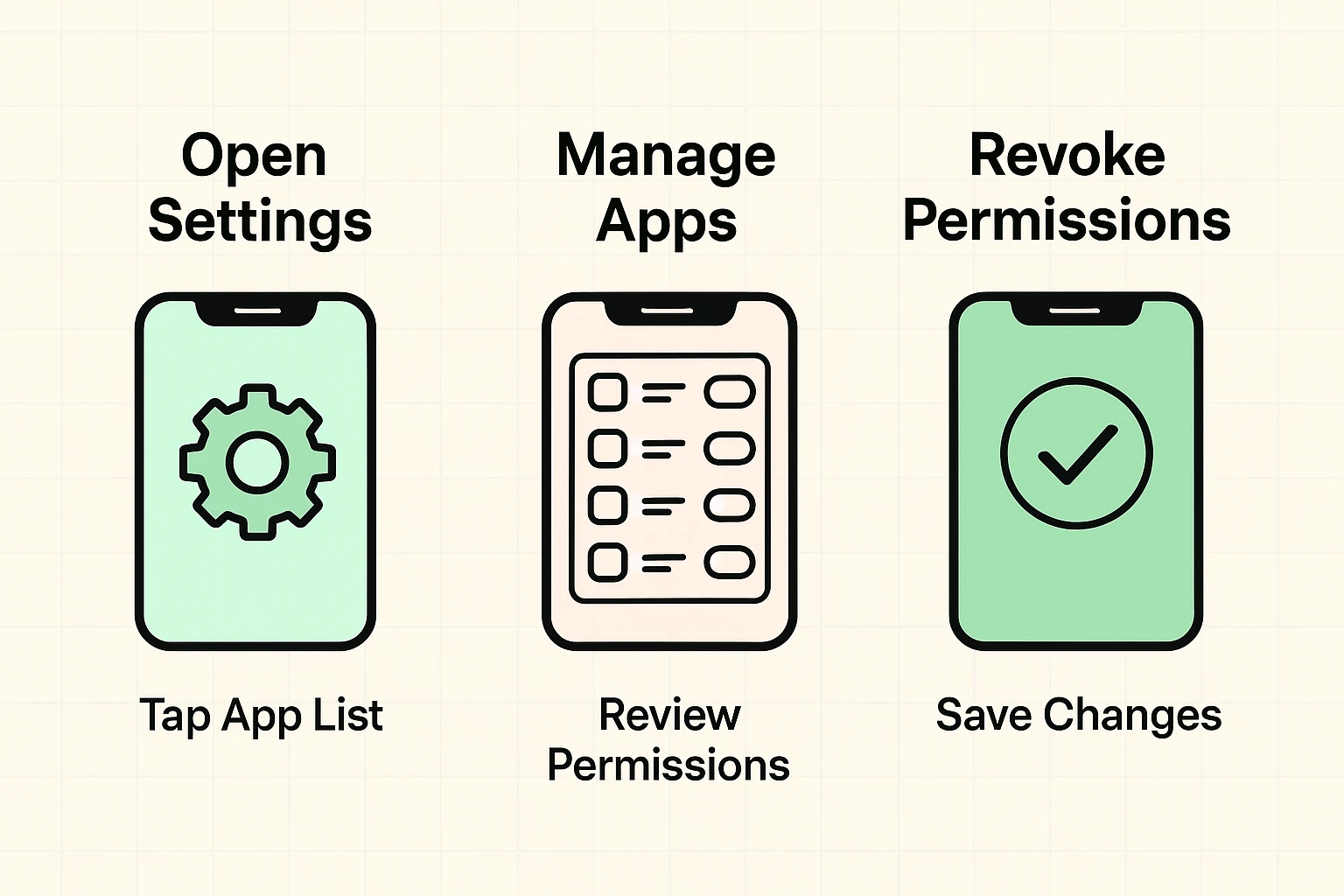 This stepwise illustration guides seniors through managing phone app permissions, a crucial action to stop permission creep and safeguard personal data.