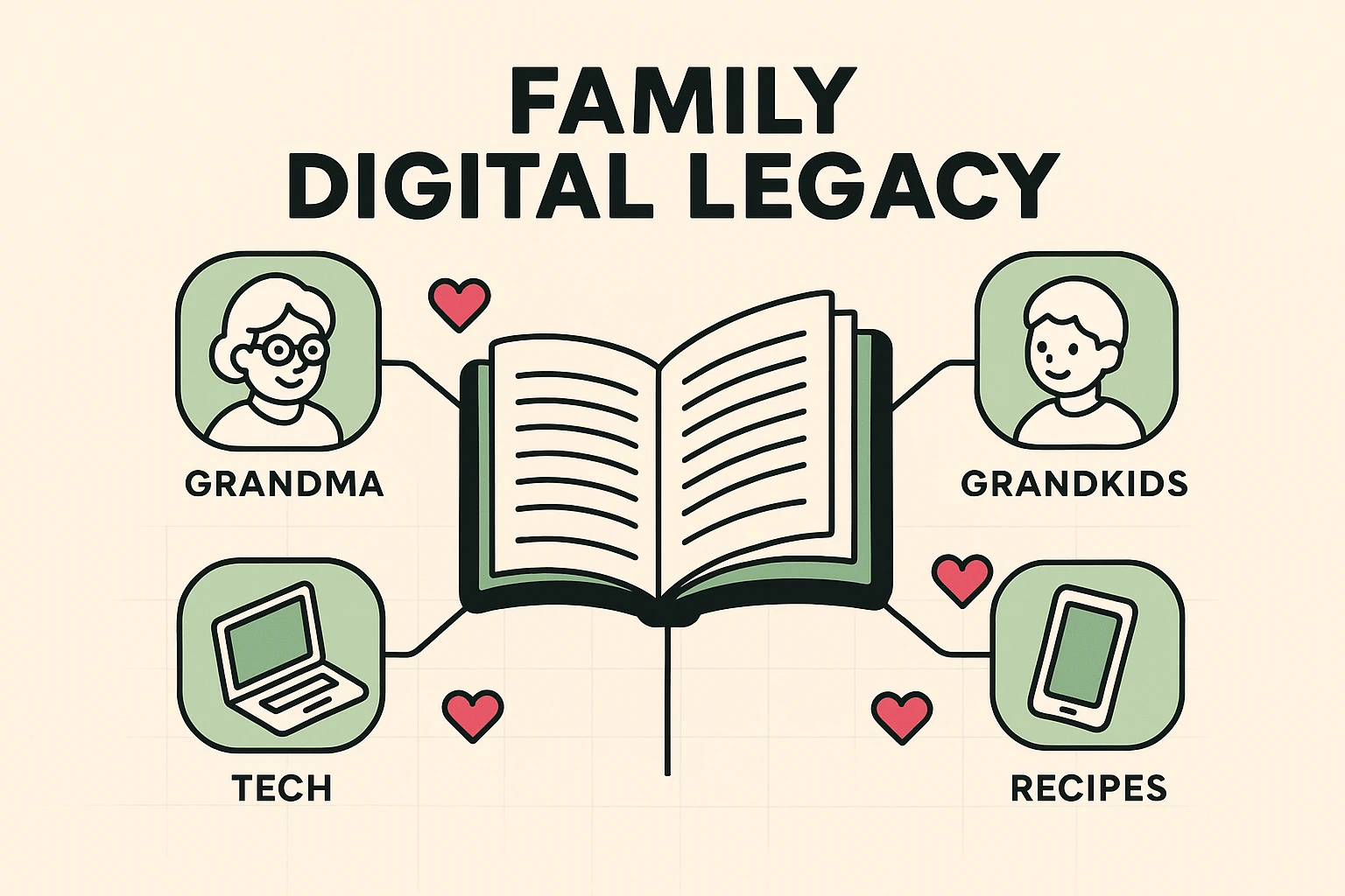 This image depicts the concept of a collaborative family digital cookbook with intergenerational contributors connected through technology, symbolizing a living legacy.