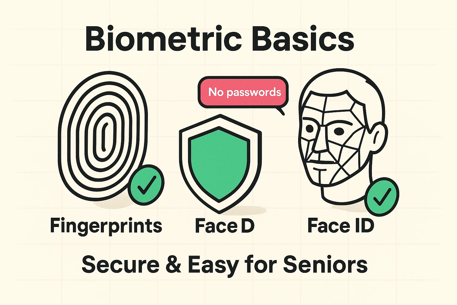 Visualizing fingerprint and facial recognition biometrics with security benefits, highlighting ease and safety tailored for seniors.