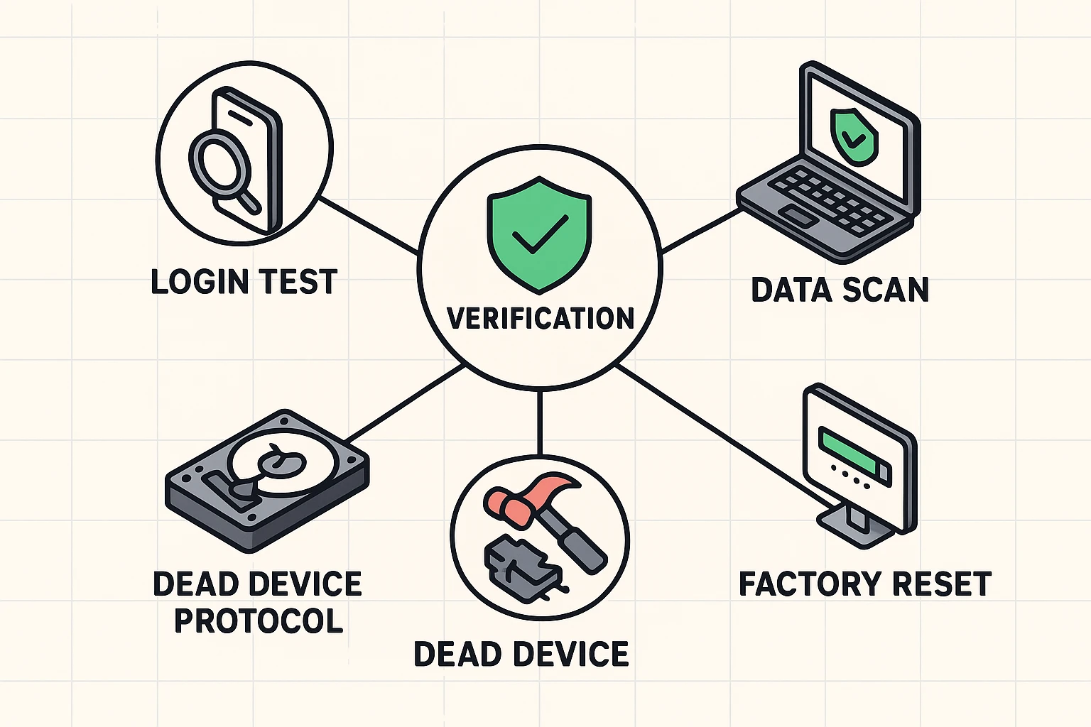 This framework map guides users through the verification checklist and physical destruction steps for devices that won’t power on, ensuring thorough data sanitization.