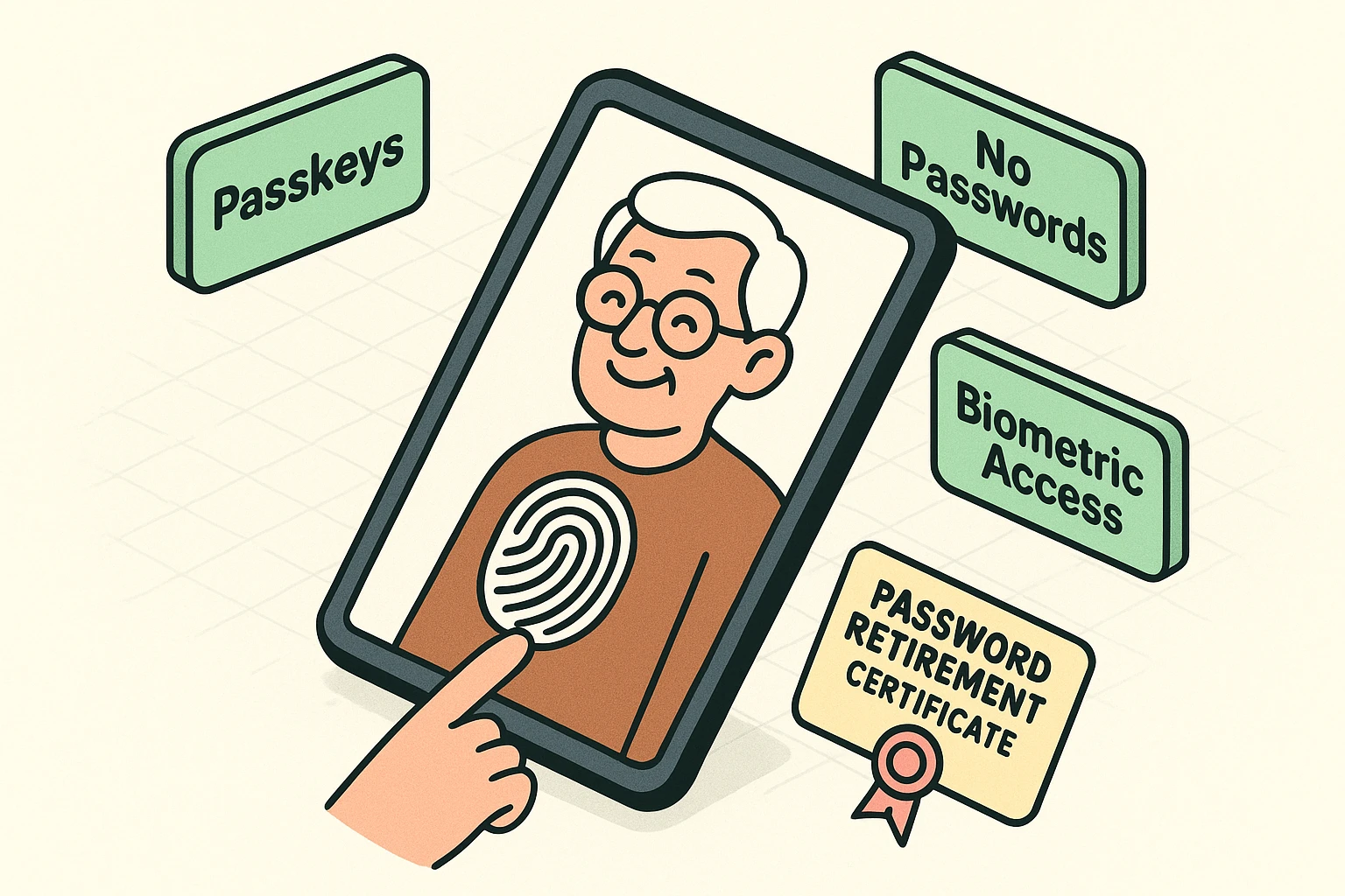 Showcasing Passkeys as an easy, memorable authentication method for seniors, enabling password-free security with a certificate of achievement.