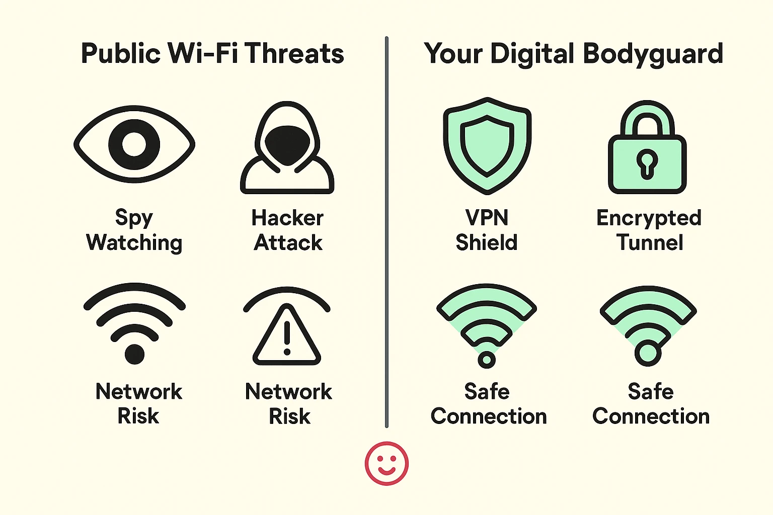 This comparison highlights common public Wi-Fi dangers alongside the protective VPN features acting as your "Digital Bodyguard" to keep data safe.