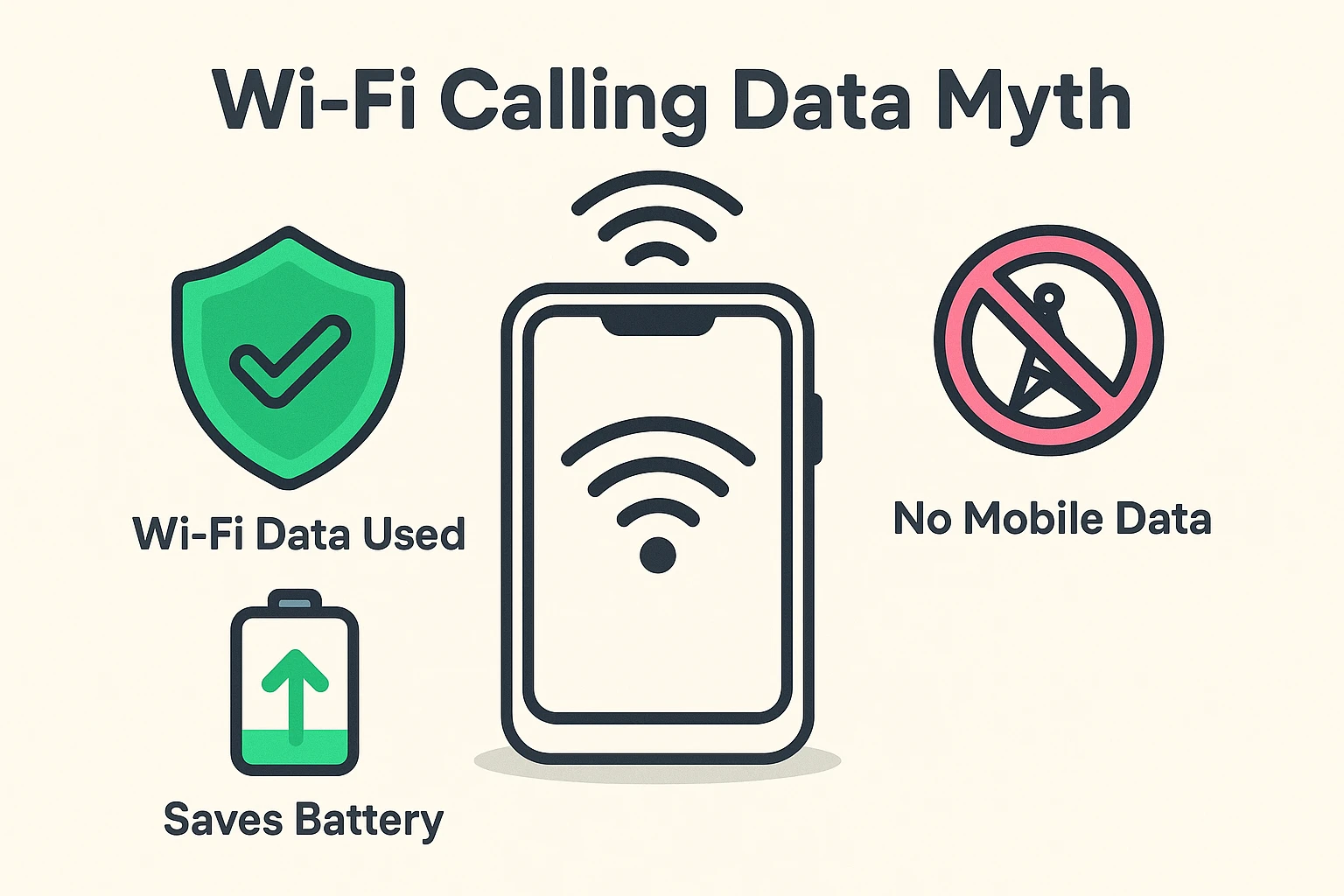 This visual clarifies that Wi-Fi calling uses Wi-Fi data, not mobile data, and highlights battery-saving benefits to ease seniors' concerns.