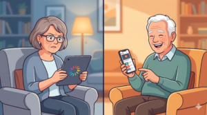 A split-screen illustration showing a frustrated senior woman with glasses looking at a colorful spinning loading wheel on her tablet (left), while her husband sits nearby, smiling and happily using his smartphone which is working perfectly (right)