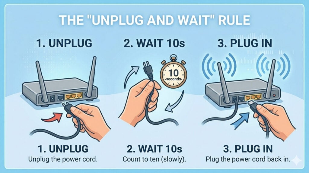 A simple three-step instructional graphic titled "THE UNPLUG AND WAIT RULE." Step 1 shows a hand unplugging the power cord from a router. Step 2 shows a hand holding the unplugged cord next to a stopwatch icon set to 10 seconds. Step 3 shows the hand plugging the cord back in, with blue signal waves appearing above the router to indicate success.