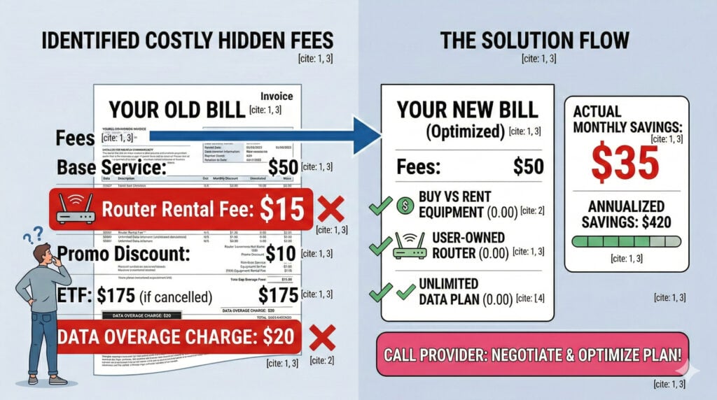 An infographic titled "IDENTIFIED COSTLY HIDDEN FEES" and "THE SOLUTION FLOW." The left side shows an example internet bill highlighting expensive, labeled "fees" with large red crosses, including a router rental fee and a large data overage charge. A confused cartoon figure stands next to this bill. The right side features a "YOUR NEW BILL" which is simplified and includes green checkmarks and a "User-Owned Router" to illustrate the replacement of the costly rental equipment with a better option. It also features a highlighted box showing an actual monthly savings of $35. Below this is a clear call to action: a large pink button encouraging the viewer to call their provider to "NEGOTIATE & OPTIMIZE PLAN!"