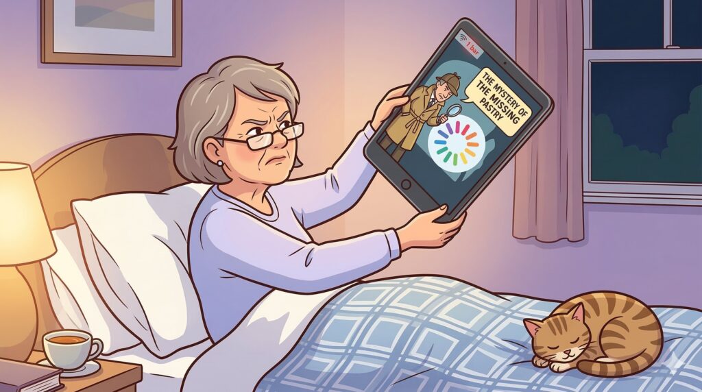 A senior woman in bed holding her tablet up at an awkward angle toward the ceiling, looking frustrated. The screen shows a detective mystery show frozen with a colorful loading wheel in the center and a "1 bar" Wi-Fi signal at the top. A cat sleeps peacefully at the foot of the bed.