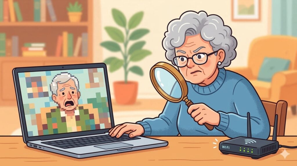 A senior woman with gray hair and glasses looks suspiciously through a magnifying glass at her blinking Wi-Fi router. On the laptop screen next to her, a man on a video call is frozen and heavily pixelated like a mosaic, representing a poor internet connection.