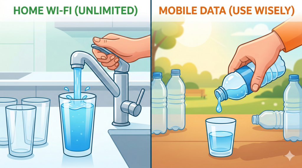A split-screen illustration comparing "Home Wi-Fi" (tap water) to "Mobile Data" (bottled water). The left side features a kitchen faucet filling a glass, while the right side shows a person pouring from a bottle labeled "PREMIUM DATA". The graphic uses friendly, modern colors.