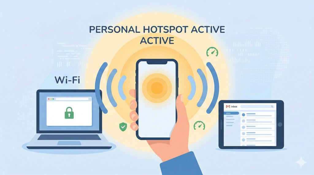 An illustration of a hand holding a smartphone acting as a Personal Hotspot. Concentric Wi-Fi waves emanate from the phone to a nearby laptop and tablet, showing a secure wireless connection between devices.