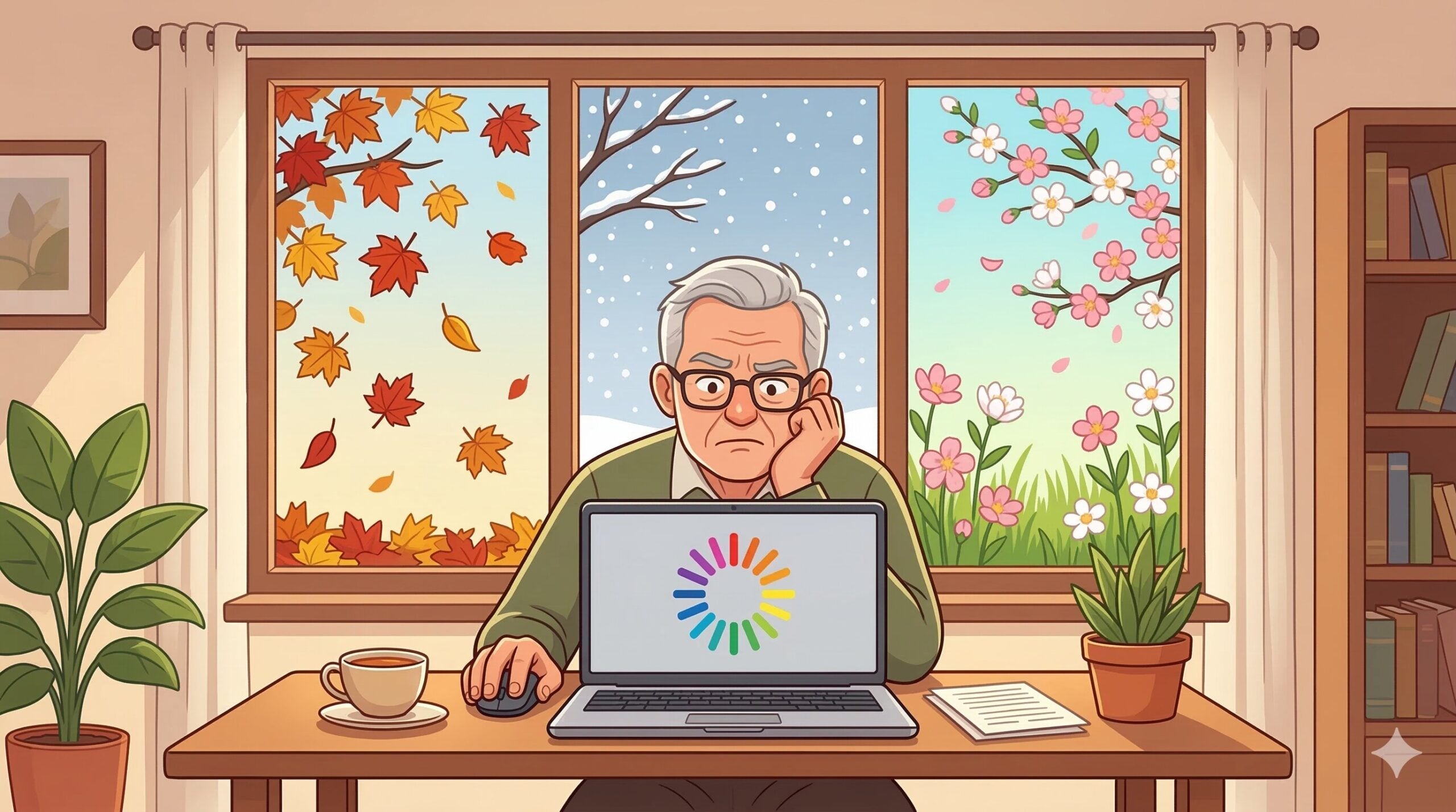 A humorous illustration of an elderly man sitting at his desk, chin in hand, staring at a laptop with a spinning loading wheel. Behind him, a large window is divided into three panes showing different seasons—autumn leaves, winter snow, and spring blossoms—to represent how long he has been waiting for the page to load.